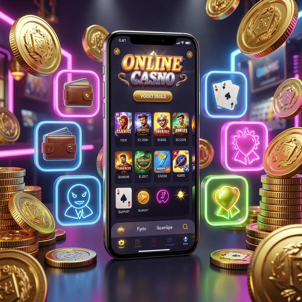 PHKING777 online casino app interface on a smartphone surrounded by icons for wallet, games, support, and rewards, with golden coins and neon lights in a luxury 3D render