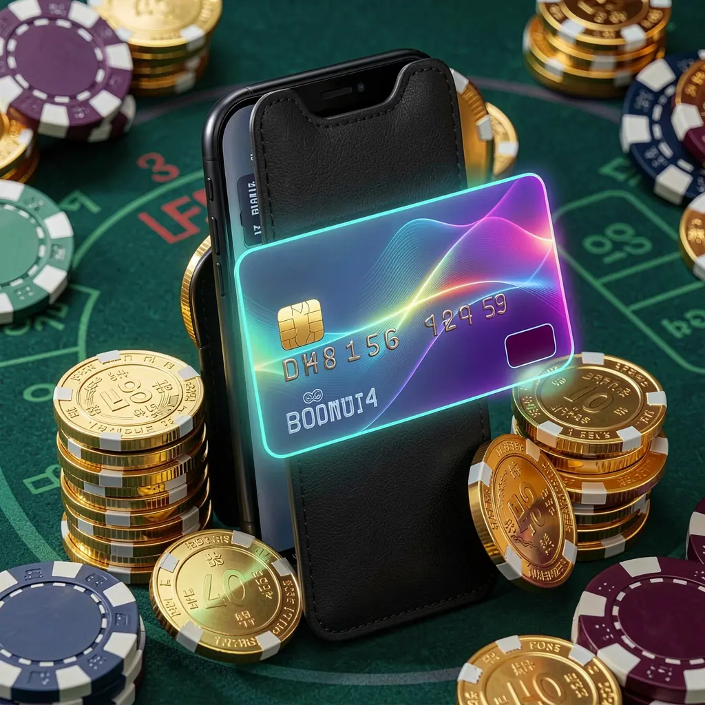 PHKING777 deposit bonus concept featuring a smartphone wallet with a glowing payment card, surrounded by golden coins and poker chips in a modern mobile casino style