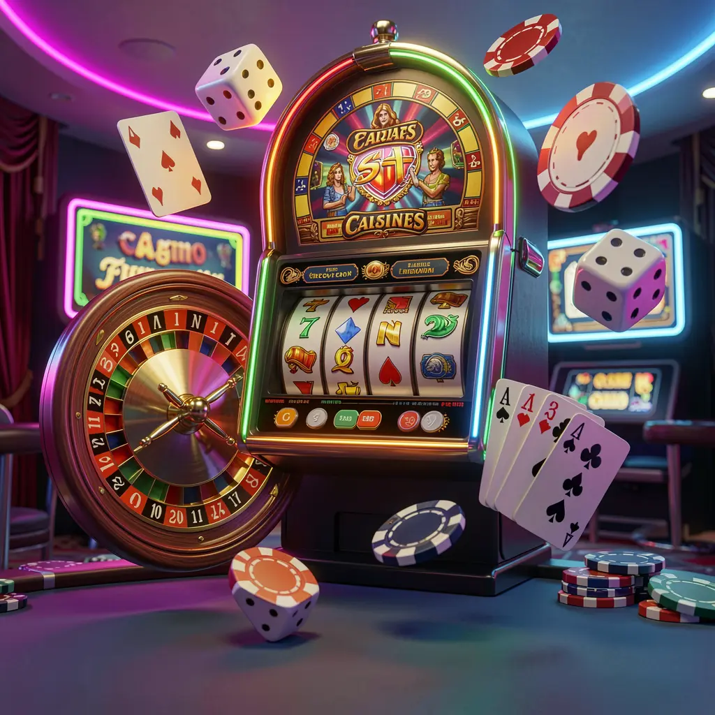 PHKING777 casino games collection homepage visual featuring a slot machine, roulette wheel, dice, playing cards, and poker chips floating together with colorful neon lights in a premium 3D render